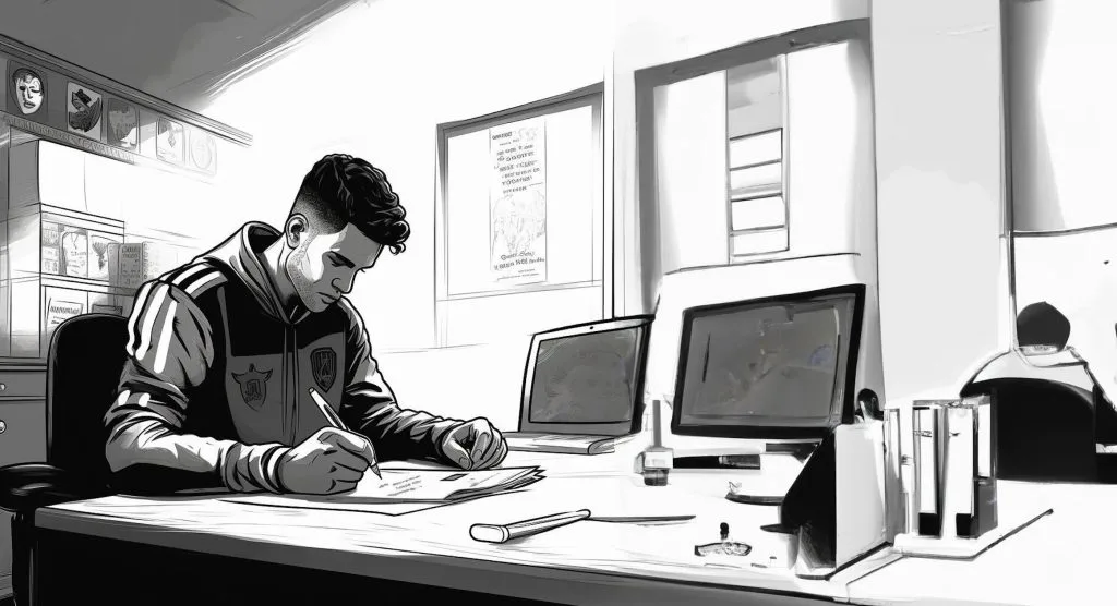 A football scout studying scouting course in his office