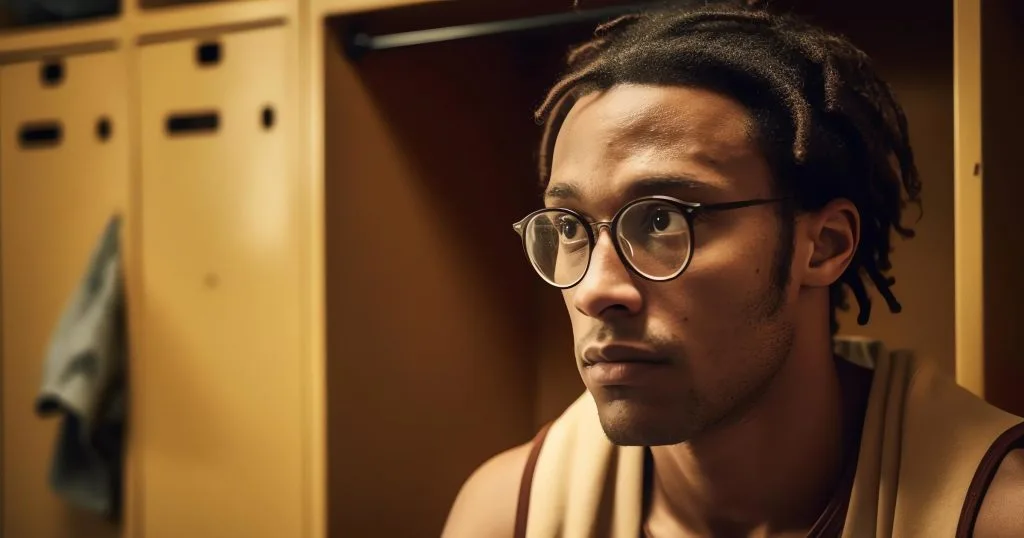 Footballer in a locker room during exit trials in UK